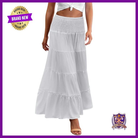Long Maxi Skirt Tiered Elastic High Waist Boho A-Line Midi Dress